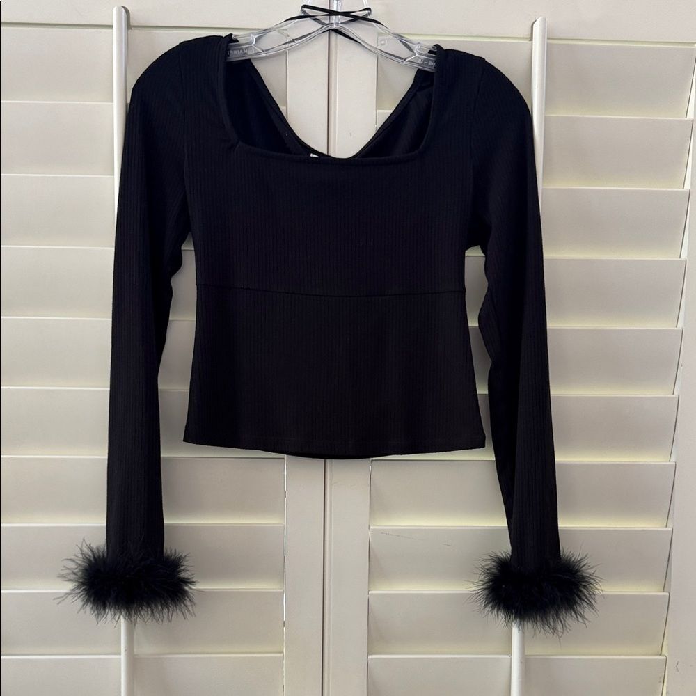 love, Fire Black Long Sleeve Top with Feather Cuffs